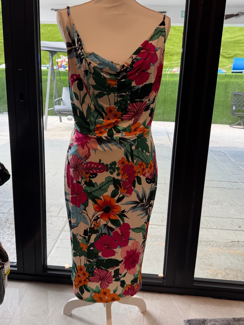Floral Cowl Neck Sheath Dress in Multicolor